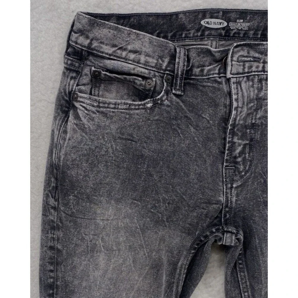 Old Navy Men Slim Built-In Tough Flex Jeans 29x30 Gray Acid Wash Denim Black